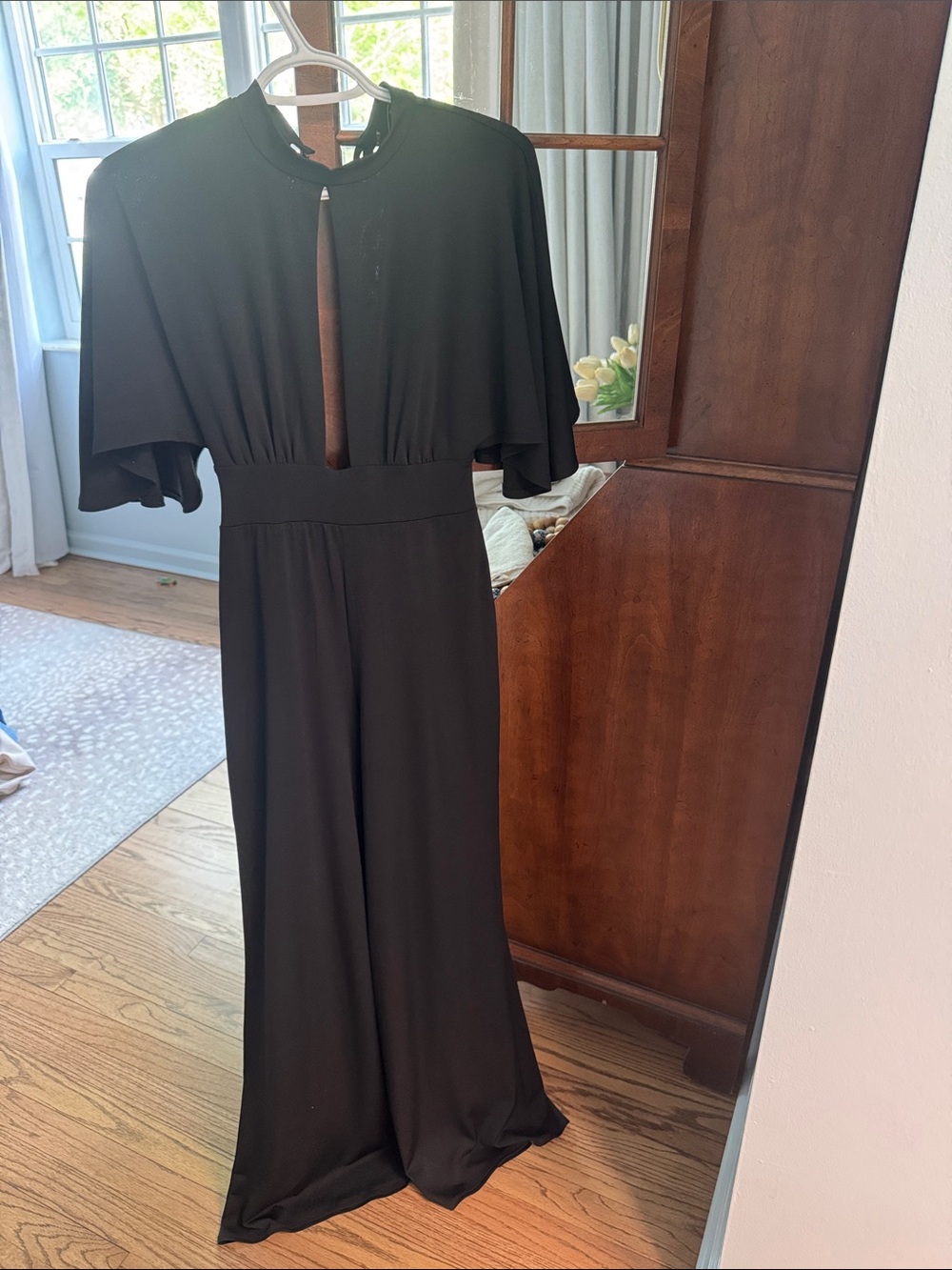 Black Cape-Sleeve Wide Leg Jumpsuit with Keyhole